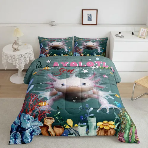 Miniatura 16 de Erosebridal Juego de edredón de ajolote rosa Kawaii Walking Fish para niños, edredón de reptil de criatura bajo el mar, arrecife de coral