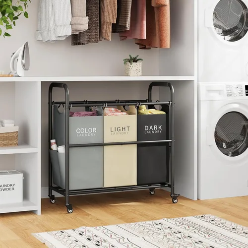 Miniatura 8 de Tajsoon Carrito clasificador de ropa sucia de 3 bolsas, cesta clasificadora de cestas de lavandería con ruedas resistentes con cerradura