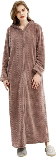 Miniatura 2 de Hellomamma Bata de baño larga con capucha y cremallera para mujer, bata de franela de forro polar, abrigo de invierno cálido para el hogar, camisón