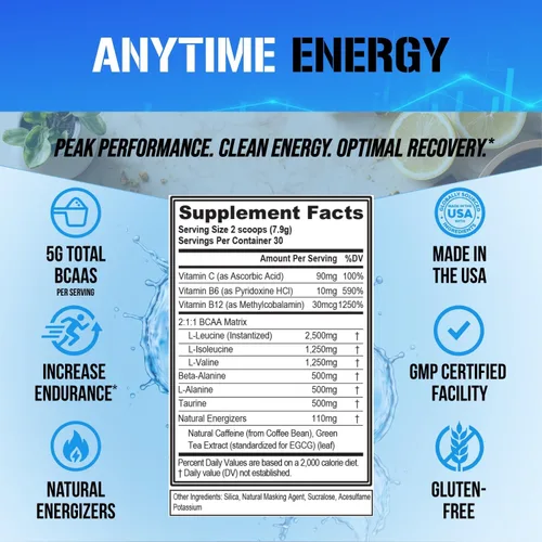 Miniatura 5 de EVL BCAA - Polvo de aminoácidos BCAA rehidratante, bebida de recuperación después del entrenamiento con cafeína natural, BCAA Energy Polvo