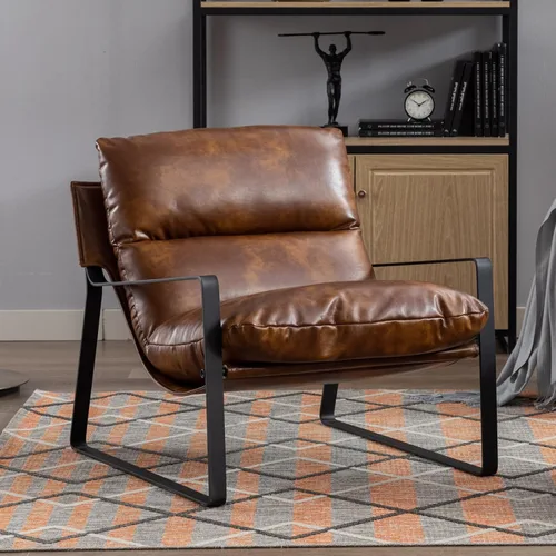 Miniatura 9 de HEAH-YO Juego de 1 silla moderna de piel sintética con cojín extraíble y marco de metal sólido, cómoda silla de lectura para dormitorio, color negro