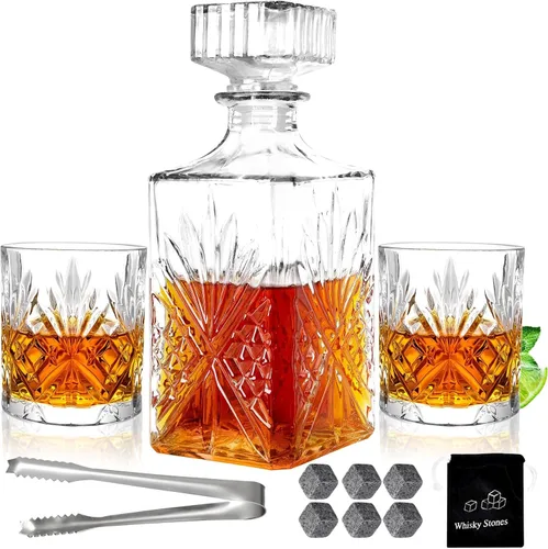 Juego de decantadores de whisky para hombre, 2 vasos de whisky y 1 botella de cristal con piedras de enfriamiento, juego de licor de whisky
