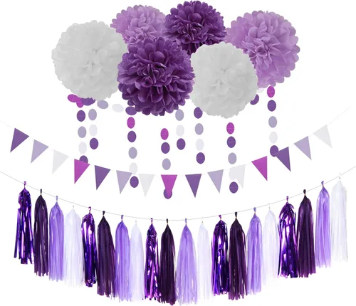 Miniatura 17 de Decoraciones de Fiesta de Champán de Oro Blanco - 23 piezas Pompones de Papel de Seda Serpentinas, Guirnalda de Borlas de Boda de Compromiso