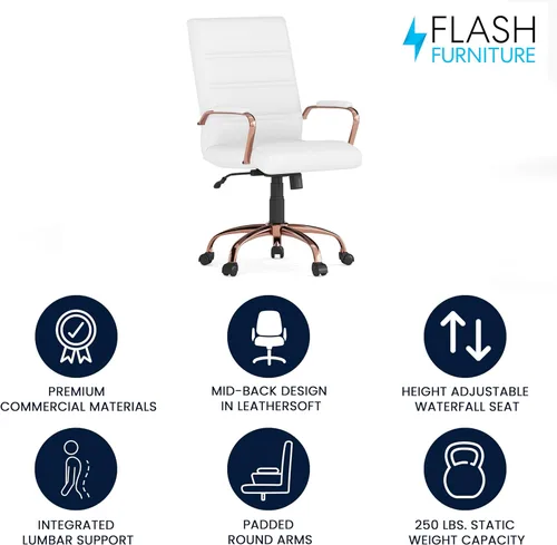 Miniatura 4 de Flash Furniture Whitney - Silla de escritorio giratoria de LeatherSoft de respaldo medio con asiento acolchado y reposabrazos, silla de oficina