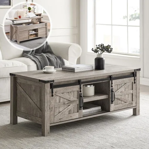 Miniatura 10 de OKD - Mesa de centro de granja de 48" con puerta de granero deslizante, mesa rústica con compartimento de almacenamiento oculto, superficie superior