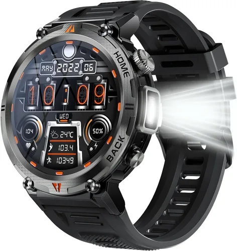 EIGIIS Reloj inteligente militar para hombre, táctico, resistente, con linterna de llamada Bluetooth, pantalla grande de 1.45 pulgadas, monitor de