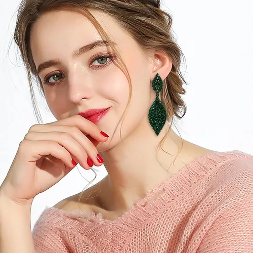 Miniatura 2 de Flyonce - Aretes caídos de diamantes de imitación y diseño de 2 hojas para novia