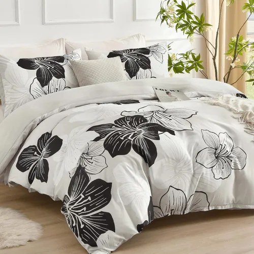Miniatura 2 de DJY - Juego de funda de edredón de 3 piezas, tamaño queen, negro y blanco con patrón floral, elegante funda de edredón boho floral con 2 fundas