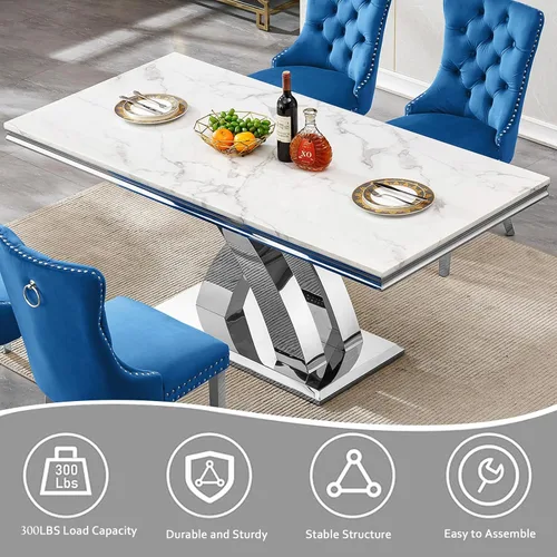 Miniatura 6 de Juego de mesa de comedor de mármol sintético blanco plateado de 68 pulgadas para 4, juego de mesa rectangular de 5 piezas con patas de acero Mesa