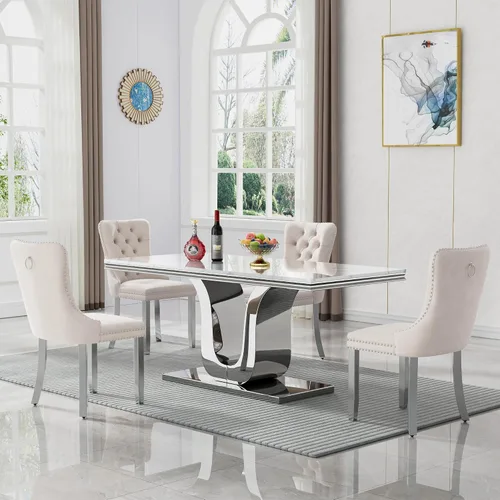 Miniatura 17 de SSLine Mesa de comedor moderna para mesa de cocina de mármol sintético de 6,70 pulgadas, mesa de comedor rectangular para muebles de cocina
