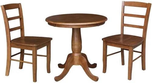 Miniatura 9 de IC INTERNATIONAL CONCEPTS Mesa de comedor redonda con pedestal de 30 pulgadas con 2 sillas Madrid con respaldo de escalera, nogal envejecido/piedra