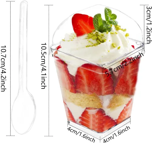 Miniatura 2 de 50 tazas de postre de 5 onzas con tapas y cucharas, tazas cuadradas de plástico para postres de parfait transparente, mini cuencos para degustación