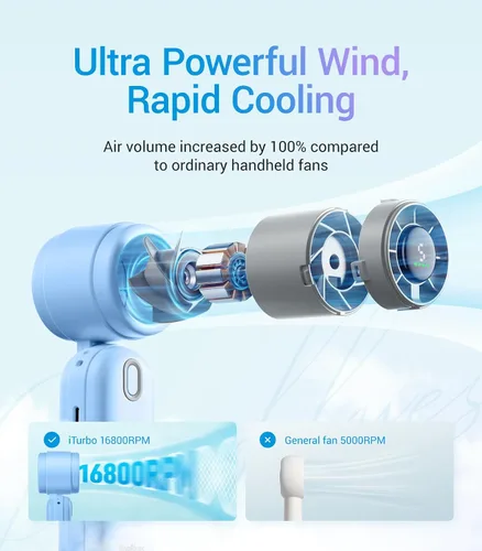 Miniatura 2 de Diveblues Ventilador turbo de mano portátil de alta velocidad, alimentado por batería recargable USB, pequeño ventilador de bolsillo portátil