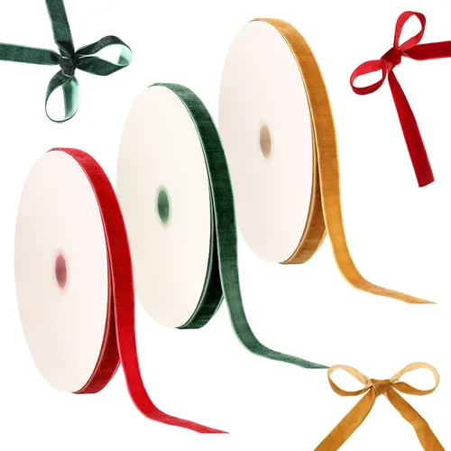 Miniatura 8 de Patelai 3 rollos de cinta de terciopelo de Navidad de 75 yardas, carrete de cinta de terciopelo vintage, rollo de cinta de terciopelo verde, rojo