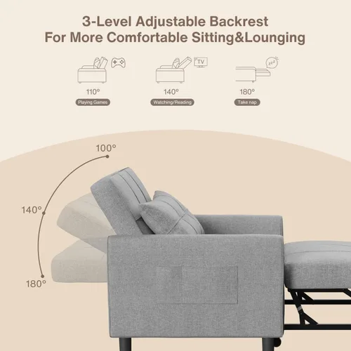 Miniatura 5 de Aiho Silla Cama Convertible, Sofá Cama 3 en 1 con Diseño Ajustable, Almohada y Bolsillo - Cama Extraíble para Apartamento, Gris Claro