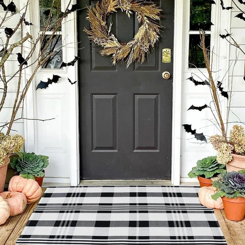 Miniatura 2 de Alfombra decorativa de otoño, 2 pies 4 pulgadas x 3 pies 7 pulgadas, alfombra de área a cuadros blancos y negros para interiores y exteriores