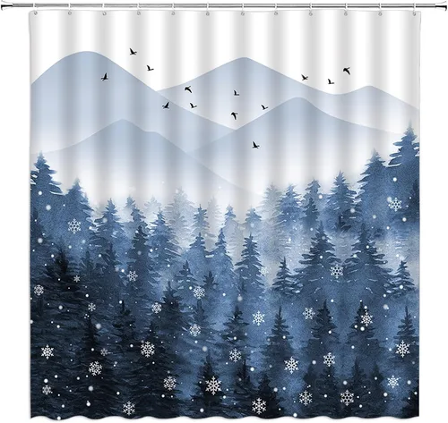 Miniatura 2 de Cortina de ducha de bosque brumoso, pino, copo de nieve, acuarela, abstracto, niebla, montaña, planta azul, rústico, misterioso, naturaleza