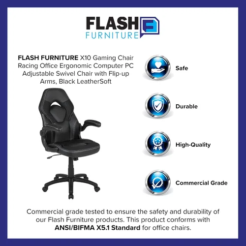 Miniatura 13 de Flash Furniture X10 LeatherSoft - Silla de juegos con respaldo alto estilo carreras con brazos abatibles, silla giratoria ergonómica acolchada