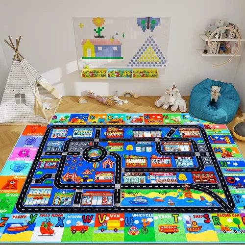 Miniatura 12 de Alfombra de juego para niños, alfombra de tráfico para carretera, 118 x 78.7 pulgadas, para sala de juegos, transporte ABC, alfombra educativa