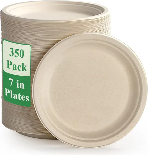 Vplus - 350 unidades de platos de papel de 7 pulgadas, 100% compostables, platos desechables de alta resistencia, de bagazo natural, biodegradables,