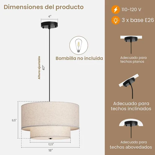 Miniatura 2 de Lámpara Colgante de Tela de Doble Tambor Moderna de 18", Lámpara de Araña Colgante Grande para Techo con Pantalla de Tela de Doble Capa, Ideal