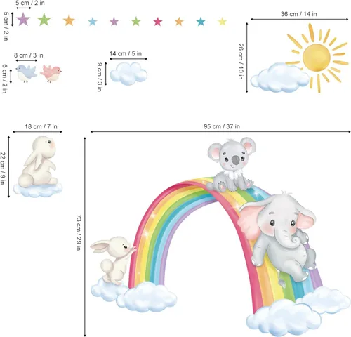 Miniatura 4 de decalmile Calcomanías de pared de animales de arco iris, elefante, koala, conejo, nubes, calcomanías de pared para habitación de bebé, habitación