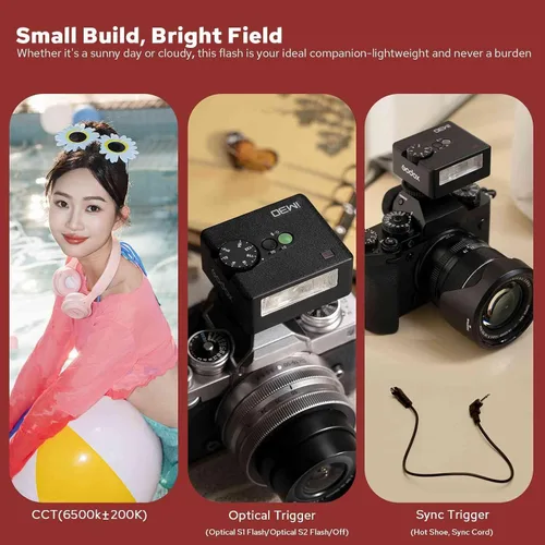 Miniatura 7 de Godox Flash iM30 para Canon/Sony/Fujifilm/Nikon/Panasonic/Olympus, GN15 con 7 niveles de potencia flash, control óptico S1/S2, mini flash de cámara