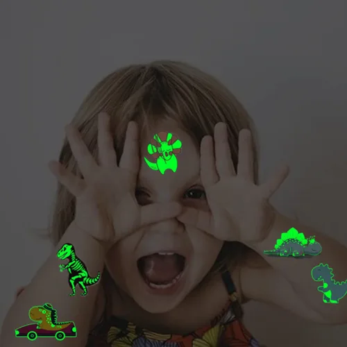 Miniatura 5 de CHARLENT Tatuajes luminosos de dinosaurio para niños, 14 hojas de tatuajes temporales de dinosaurios que brillan en la oscuridad para niños y niñas