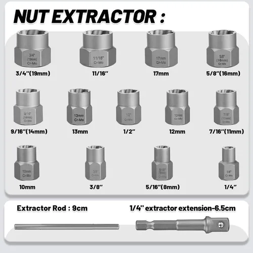 Miniatura 6 de Juego de 15 extractores de pernos, juego de extractor de pernos Easy Out de 3/8'', juego removedor de pernos dañados y extractor de tuercas