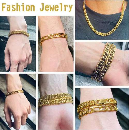 Miniatura 6 de Collar de pulsera Figaro de eslabones cubanos de 3 piezas, plata dorada y negra, resistente acero inoxidable 316L, cadena Figaro de eslabones