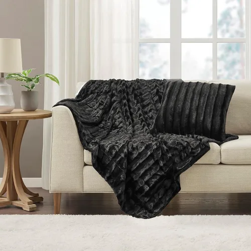 Miniatura 3 de Madison Park Duke - Manta larga de piel sintética de lujo, suave y acogedora, para cama, entrenador o sofá, 50 x 60 pulgadas, color negro