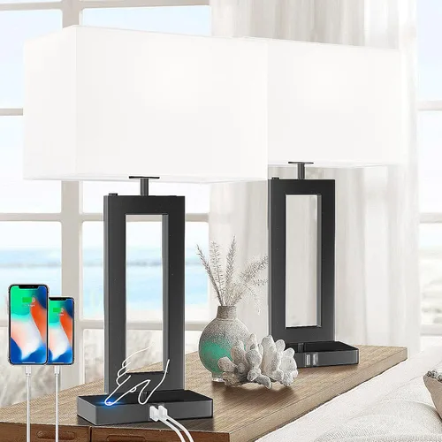 Miniatura 9 de Juego de 2 lámparas modernas para mesita de noche, con control táctil, USB C y A, regulables de 3 vías para dormitorios y sala de estar, gris y negro