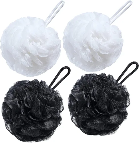 VANZAVANZU Esponja de ducha grande de 2.82 oz de esponja de baño, puf de malla para hombres y mujeres, juego de 4 (negro + blanco)