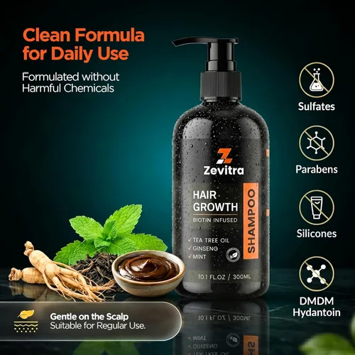 Miniatura 4 de Champú para el crecimiento del cabello, 10.1 onzas líquidas, champú para el cabello de biotina con aceite de árbol de té, ginseng y menta