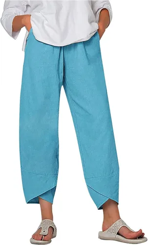 Miniatura 29 de Pantalones Capri de Lino de Algodón para Mujer 2025, Pantalones Palazzo Recortados Casuales con Estampado, Cintura Elástica, Pantalones Holgados