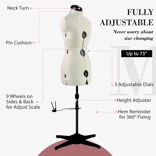 Miniatura 2 de Formas de Vestido para Costura, Maniquí Femenino Beige Talla Ajustable 6-14, Cuerpo de Modelo Pinchable con 13 Diales y Guía de Dobladillo de 360