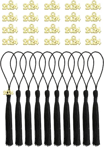 Tupalizy 10 mini borlas sedosas hechas a mano con 20 dijes del año 2024 para graduación, llavero, aretes, joyería, regalos de boda, recuerdos, Negro