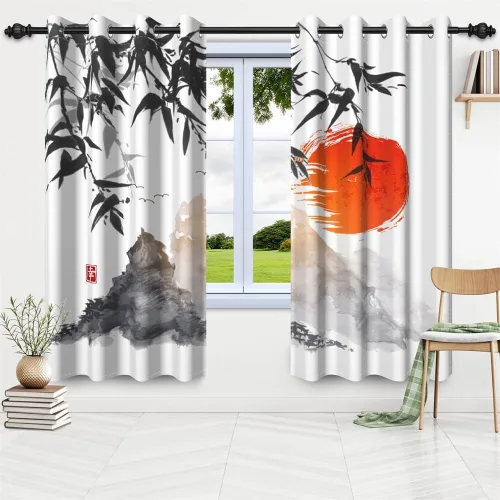Miniatura 114 de Cortinas japonesas con pintura de tinta, monte Fuji, sol rojo, puesta de sol, hojas de bambú, cortinas de ventana para dormitorio, sala de estar