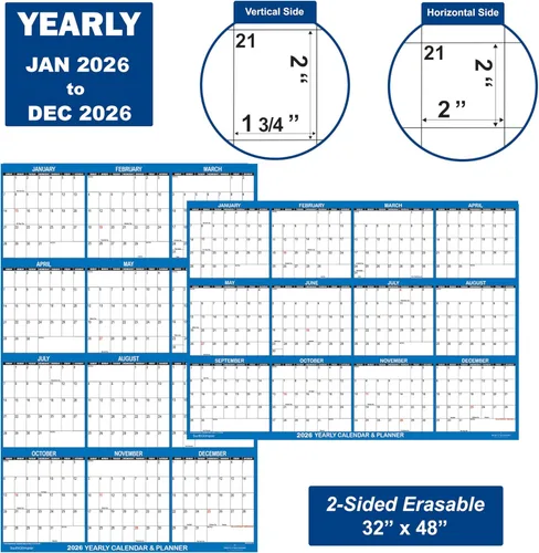 Miniatura 4 de 32" x 48" SwiftGlimpse - Calendario de pared 2026, borrable, grande XL, borrado en húmedo y seco, laminado, 12 meses, agenda anual, reversible, azul