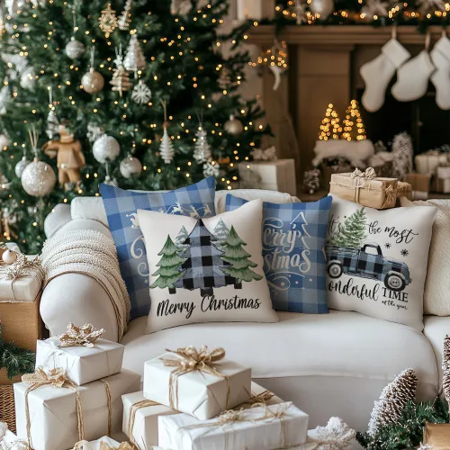 Miniatura 3 de GEEORY Fundas de Almohada Decorativas Feliz Navidad 16x16 Pulgadas Juego de 4, Árboles de Navidad Camión Cuadros Buffalo Azul Believe Estilo Granja