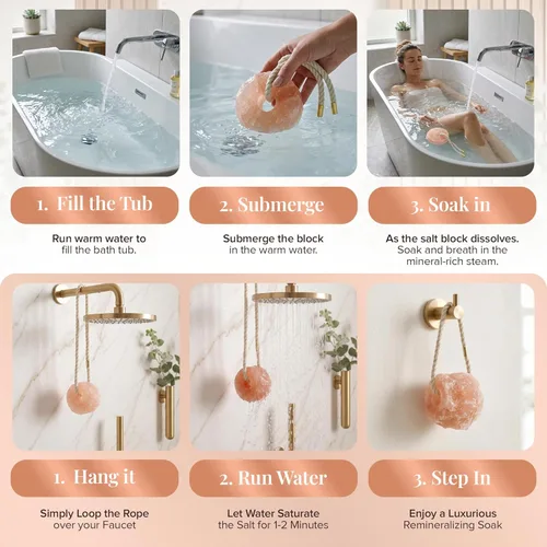 Miniatura 2 de UMAID Roca de sal rosa del Himalaya para ducha y baño - Salt Buddy™ Piedra mineral colgante de 2 libras para relajación inspirada en el spa, cuidado