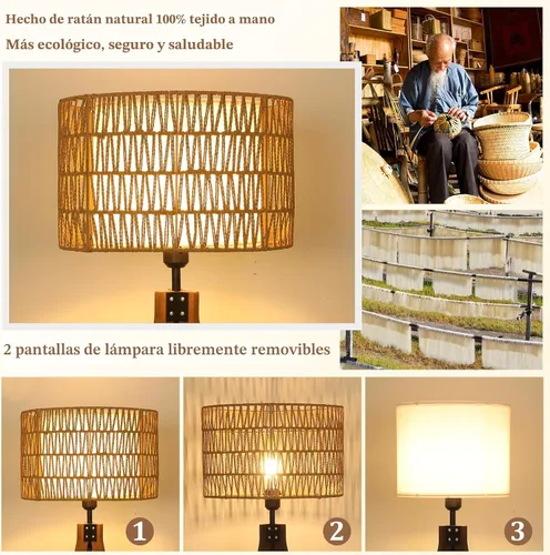 Miniatura 9 de LAMSU Lámparas de pie estilo bohemio con trípode para sala de estar, lámpara de pie de madera de ratán con pantallas de tela, lámpara de pie