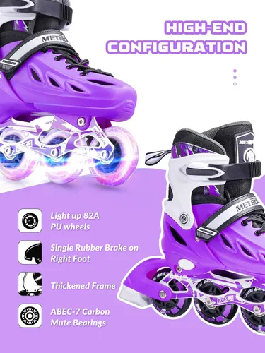 Miniatura 5 de METROLLER Patines en línea para niñas y niños, mujeres, hombres, 4 tallas ajustables, patines en línea con ruedas que se iluminan, patines Púrpura