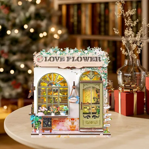 Miniatura 3 de Kit de rincón de libros – Kit de casa en miniatura de bricolaje con luz LED, rompecabezas de madera 3D, decoración de estantería estilo floristería