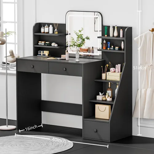Miniatura 7 de Escritorio de tocador de maquillaje con espejo LED y estantes inclinados de 5 niveles, 7 áreas de almacenamiento abiertas y 3 cajones, tocador