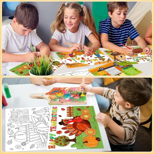 Miniatura 5 de PETCEE Manteles individuales para colorear de Acción de Gracias, 16 manteles individuales de doble cara de 14 x 10 pulgadas para niños