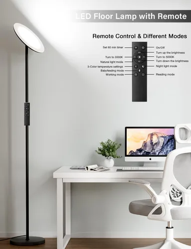 Miniatura 3 de Lámpara de pie LED moderna - Control remoto y táctil, lámpara de pie tipo antorcha de 40 W/2400 lm, completamente regulable, 3 temperaturas