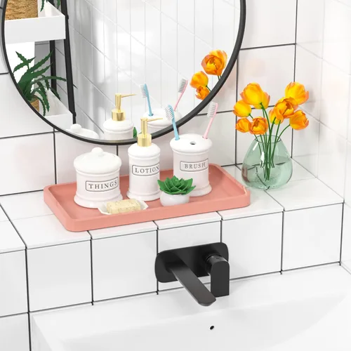 Miniatura 2 de Bandeja de tocador de baño para encimera, bandeja organizadora de bambú para tocador, inodoro, bandeja decorativa pequeña para perfumes, bandeja Rosa