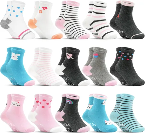 Miniatura 9 de Calcetines antideslizantes para niños pequeños, 15 pares, calcetines de agarre para niñas y niños de 0 a 7 años, calcetines suaves de dibujos