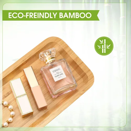 Miniatura 3 de Bandeja de tocador de bambú, bandeja de encimera de baño, organizador rectangular de madera para dispensador de jabón, velas, joyas, perfumes, 9.8 x